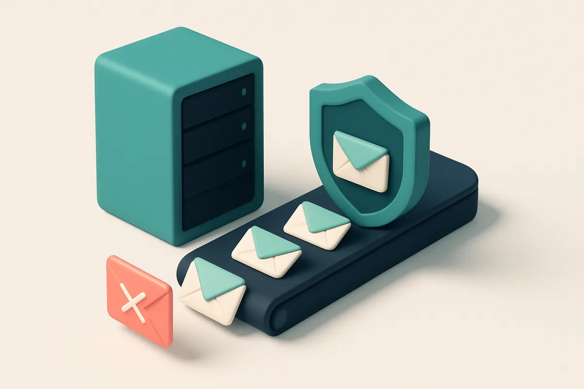 An isometric email server rack with red 'failed' envelopes exiting a conveyor belt labeled 'DMARC Failure,' while green