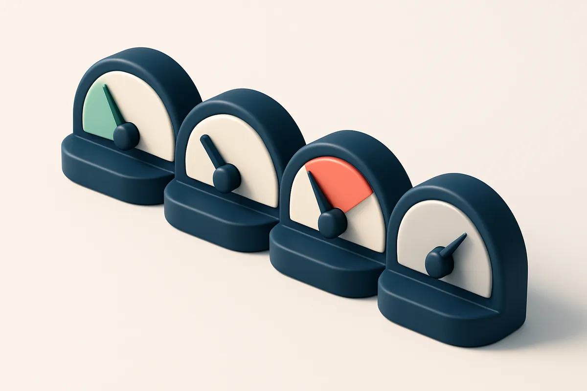 a row of four gauge dials showing validation status (green, yellow, red, gray)