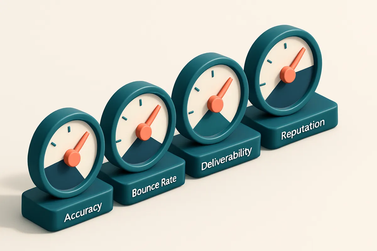 Hero: a row of four gauges labeled 'Accuracy', 'Bounce Rate', 'Deliverability', 'Reputation'