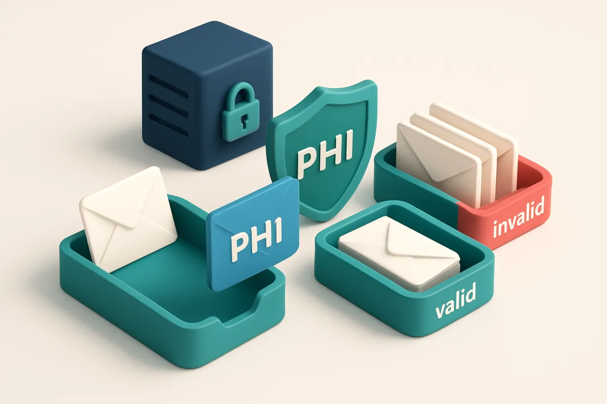 An isometric email inbox with envelopes being sorted onto a green 'valid' tray and a red 'invalid' tray, a shield labele