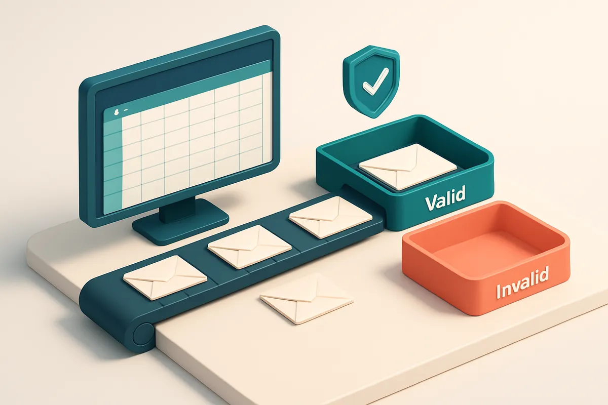 An isometric workspace with a large Excel spreadsheet open, a green 'valid' tray and a red 'invalid' tray on the desk, a