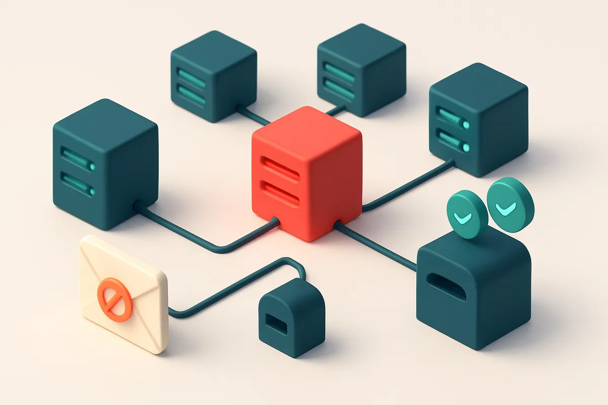 An isometric illustration of a network of connected servers and mailboxes, with one server labeled 'Unreachable MX' glow