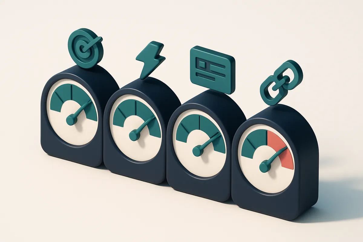 a row of four gauges showing accuracy, speed, credit longevity, and integration strength