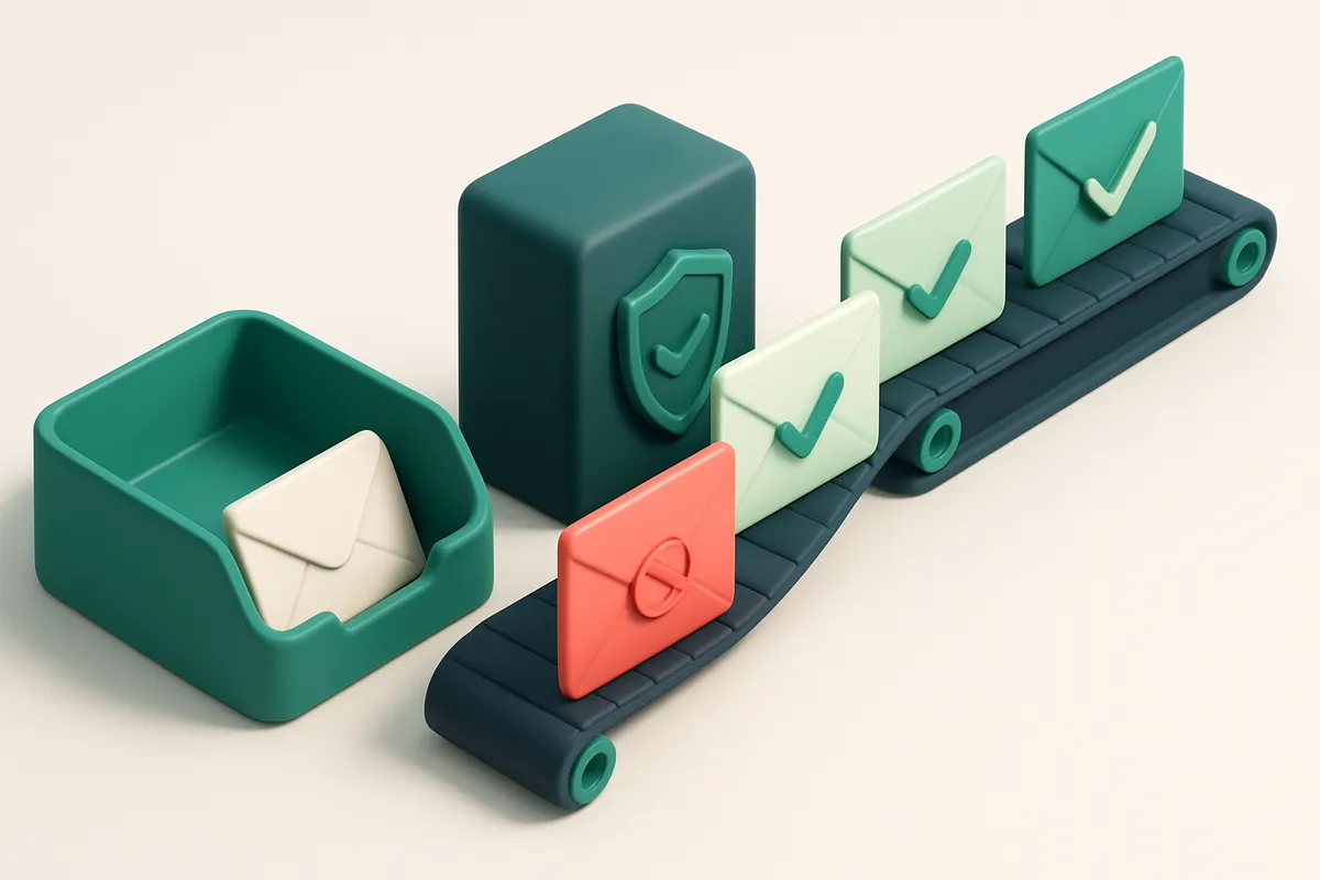 An isometric illustration of a green 'inbox' with five envelopes entering from the right—a red 'failed' envelope with a