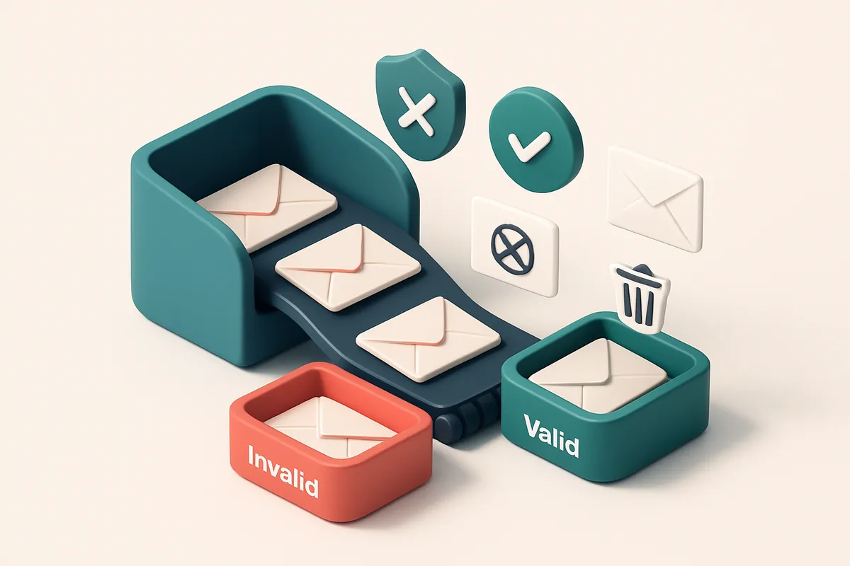 Hero: an isometric digital inbox with incoming envelopes labeled 'sign-up', 'enrollment', 'news', and 'welcome' flowing