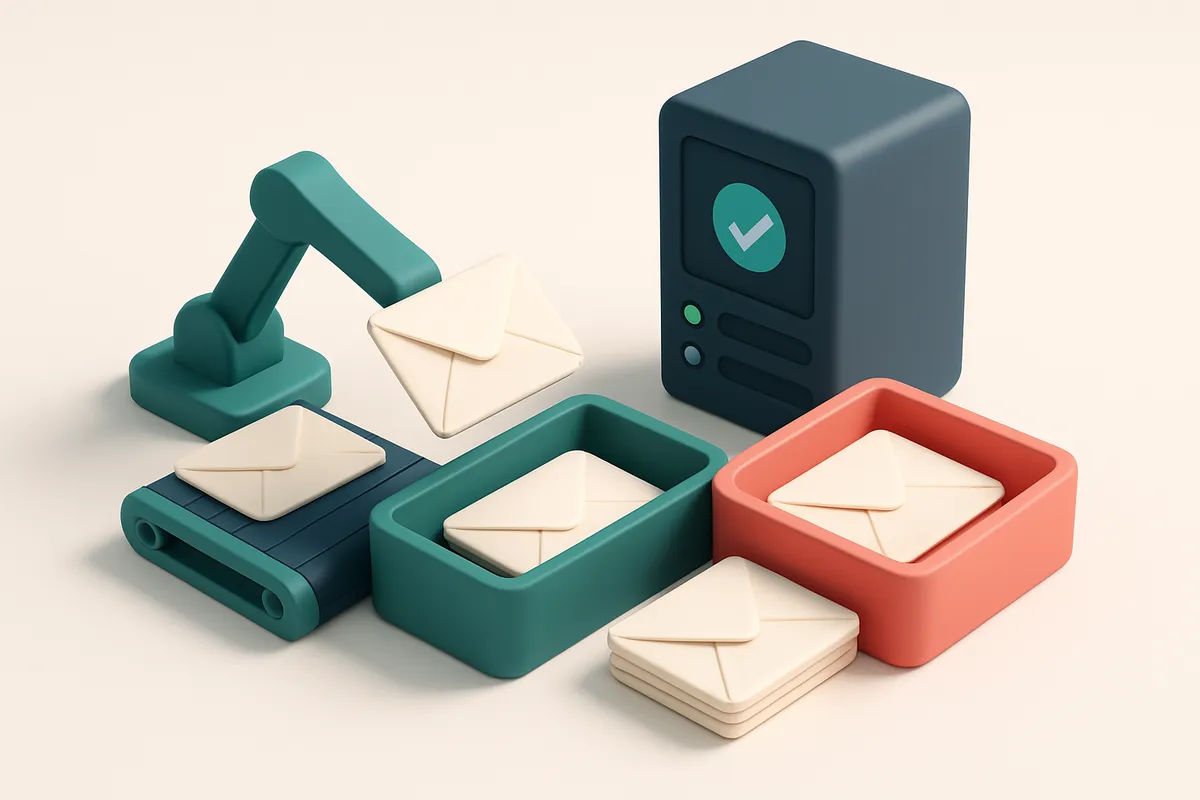 an isometric email inbox with envelopes being sorted onto a green 'valid' tray and a red 'invalid' tray, a server tower