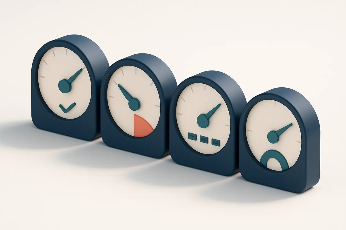 a row of four gauges showing verification accuracy, bounce rate, inbox placement, and sender reputation