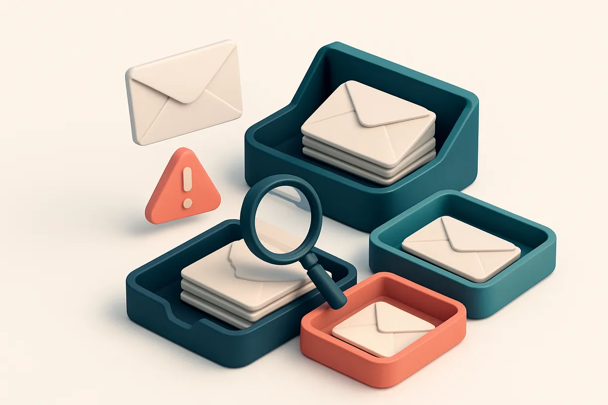 An isometric email inbox with envelopes being sorted onto a green 'valid' tray and a red 'invalid' tray, a magnifying gl