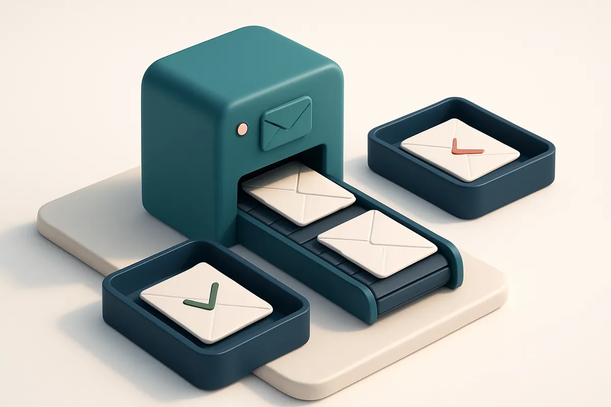 Hero: a 3D isometric scene of an email verification machine on a desk, processing envelopes through a conveyor belt, sor