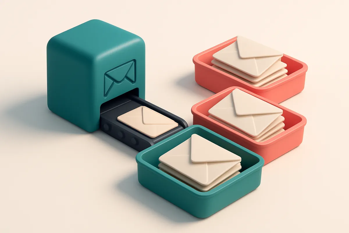 an isometric email inbox with envelopes sorted into three piles: a green 'valid' tray, a red 'invalid' tray, and a yello