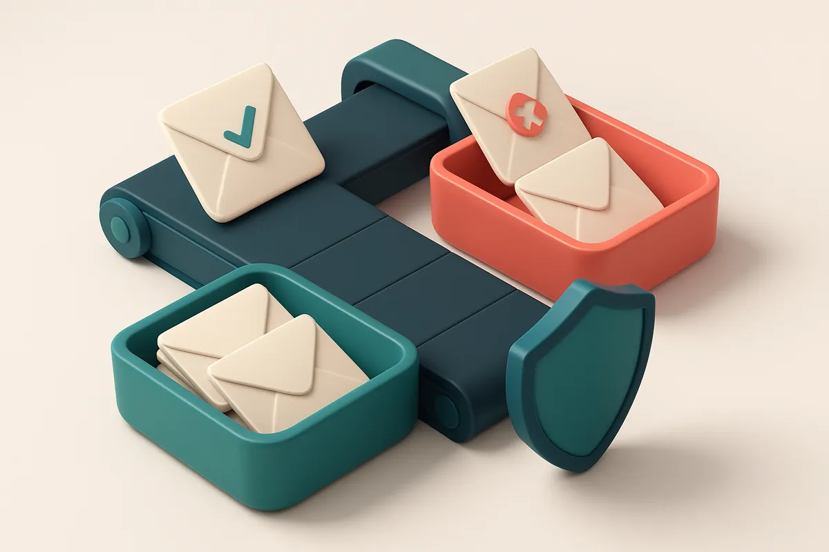 An isometric email inbox with envelopes labeled 'valid' and 'invalid', sorted by a conveyor belt into green and red tray