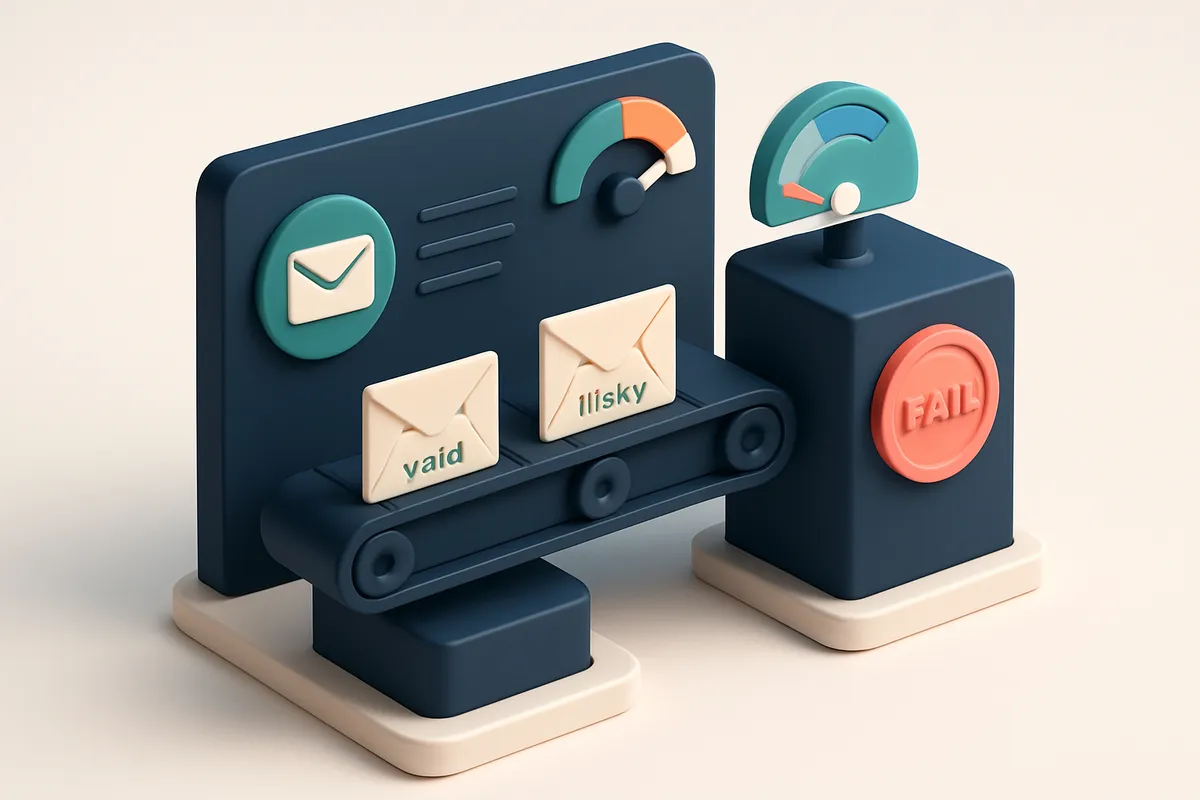 An isometric email sender dashboard with a conveyor belt carrying envelopes labeled 'valid' and 'risky' into two separat