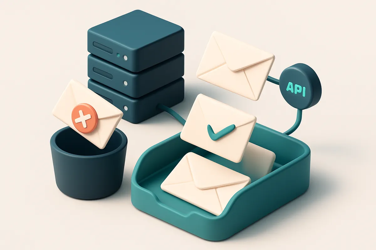 Hero: an isometric inbox containing envelopes of different sizes, with some marked with a red 'X' badge and falling into