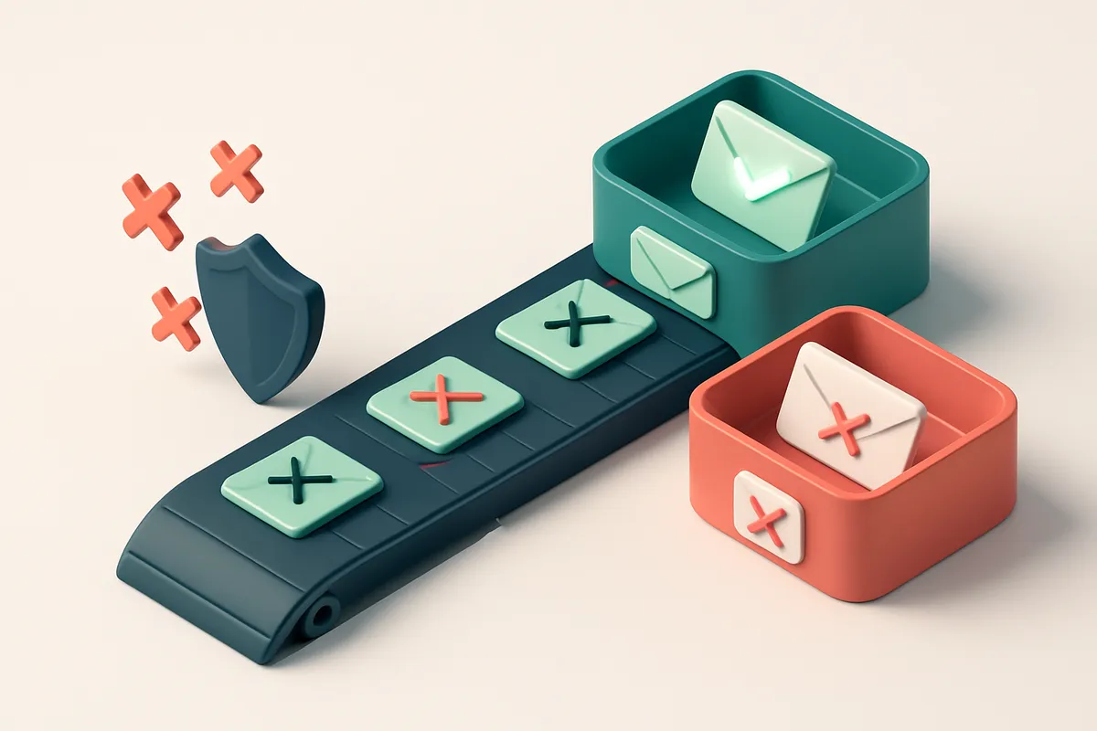 An isometric dashboard with a green 'verified' tray and a red 'invalid' tray; a conveyor belt moves envelopes labeled wi