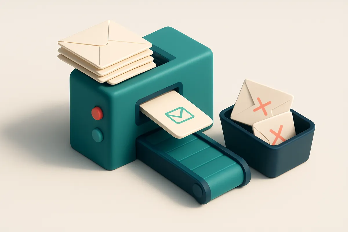 An isometric illustration of a recruitment pipeline: a stack of paper envelopes labeled 'LinkedIn Export' flows into a m