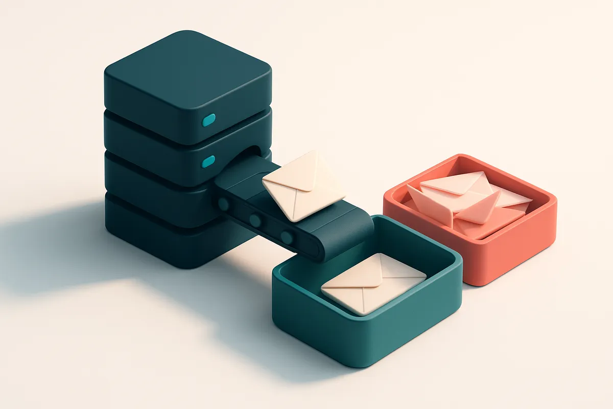 An isometric illustration of a server stack labeled 'New IP' beneath a conveyor belt slowly feeding envelopes labeled '5