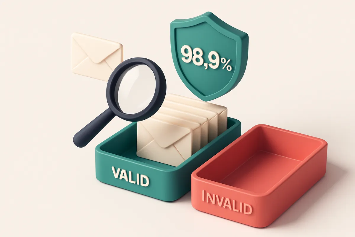 Hero: an isometric email inbox with envelopes being sorted onto a green 'valid' tray and a red 'invalid' tray, a magnify