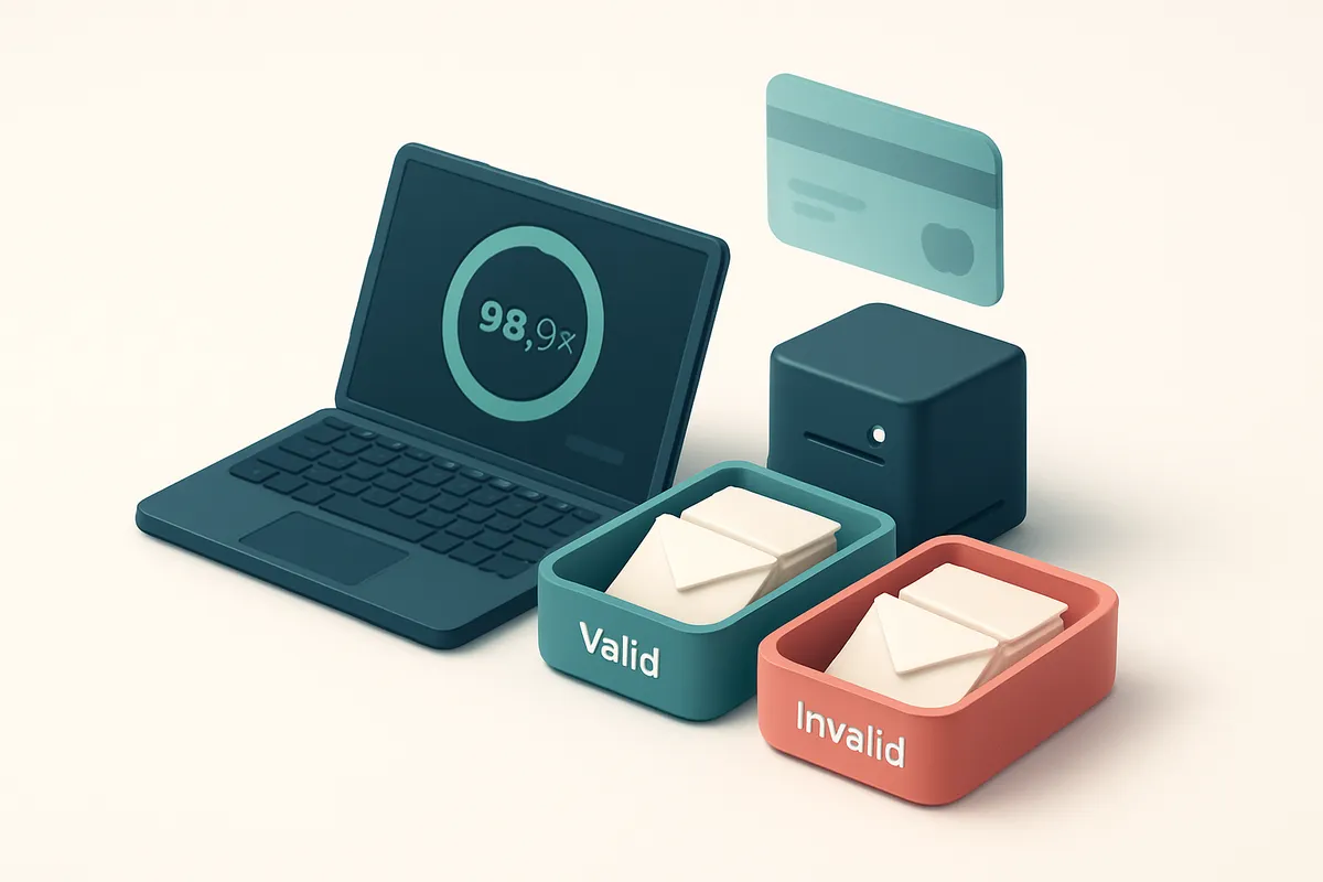 Hero: an isometric workstation with a laptop displaying a dashboard showing 98.9% verification accuracy, a stack of enve