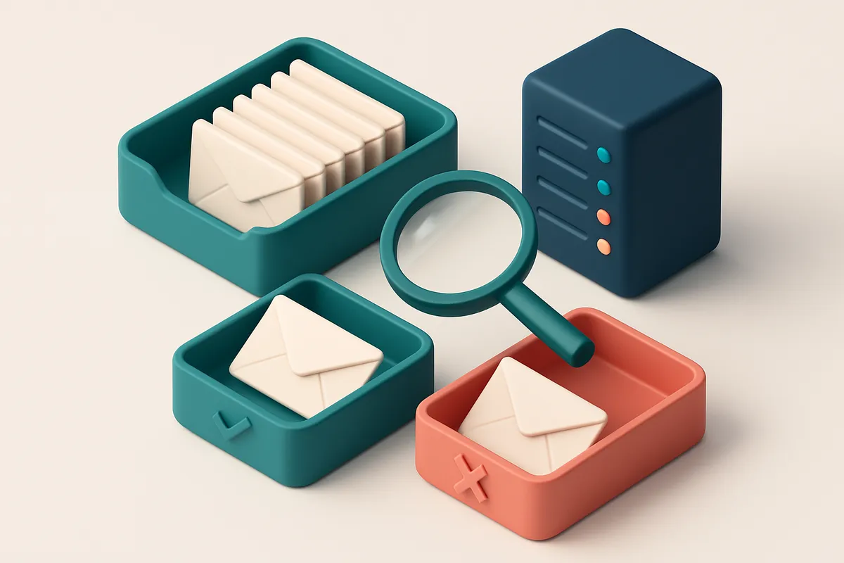An isometric email inbox with envelopes being sorted onto a green 'valid' tray and a red 'invalid' tray, a magnifying gl
