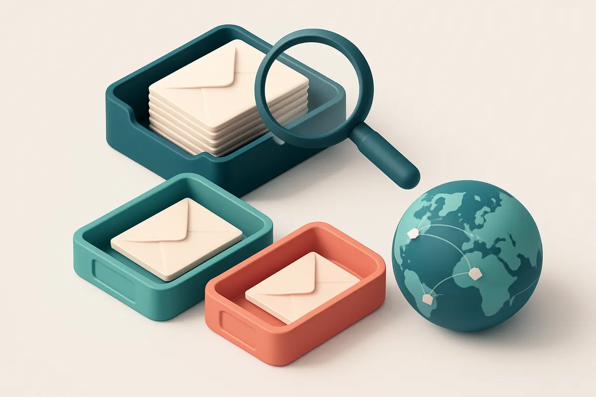 An isometric email inbox with envelopes being sorted onto a green 'valid' tray and a red 'invalid' tray, a magnifying gl