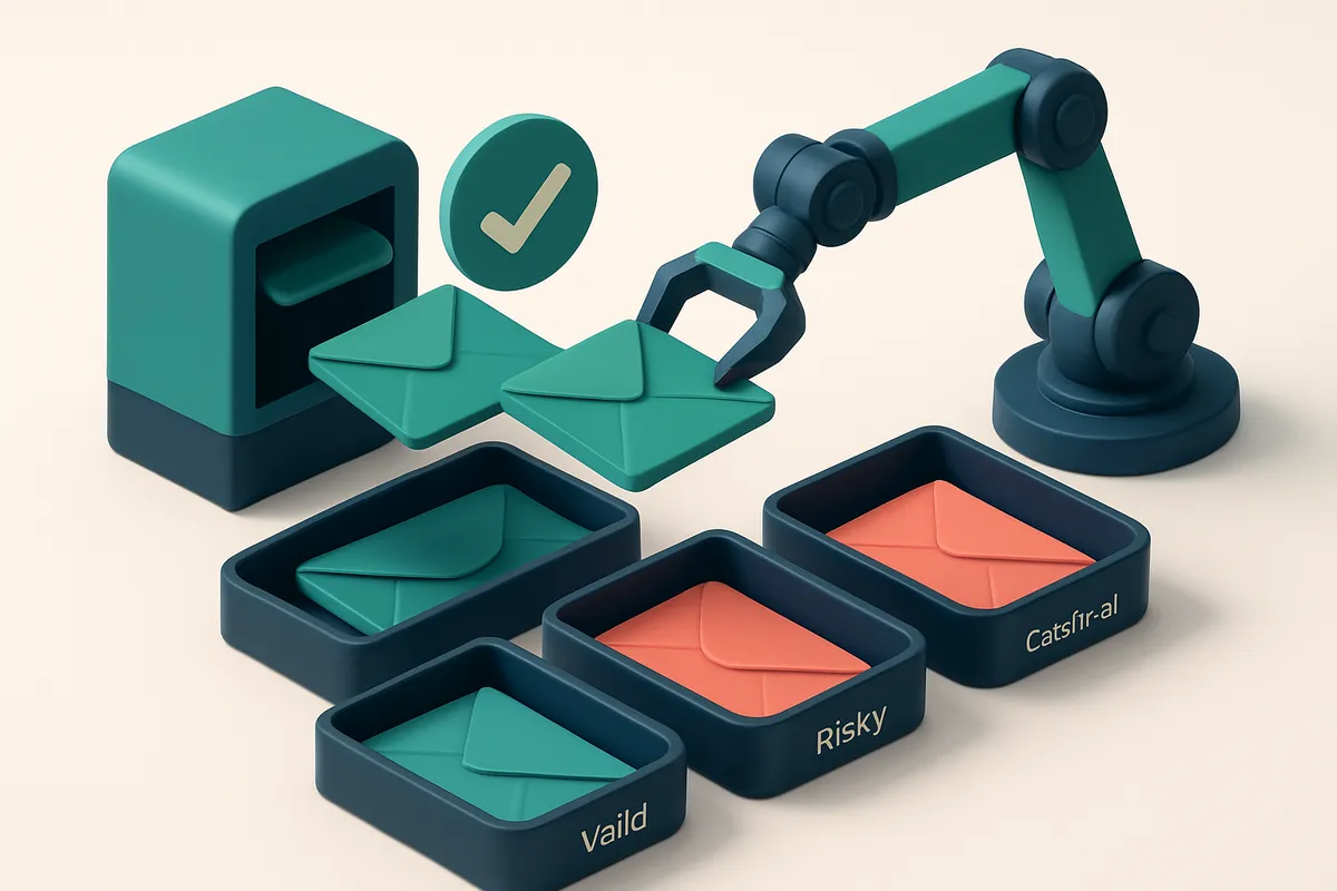 An isometric email inbox with envelopes labeled 'Valid', 'Invalid', 'Risky', and 'Catch-all' being sorted into separate