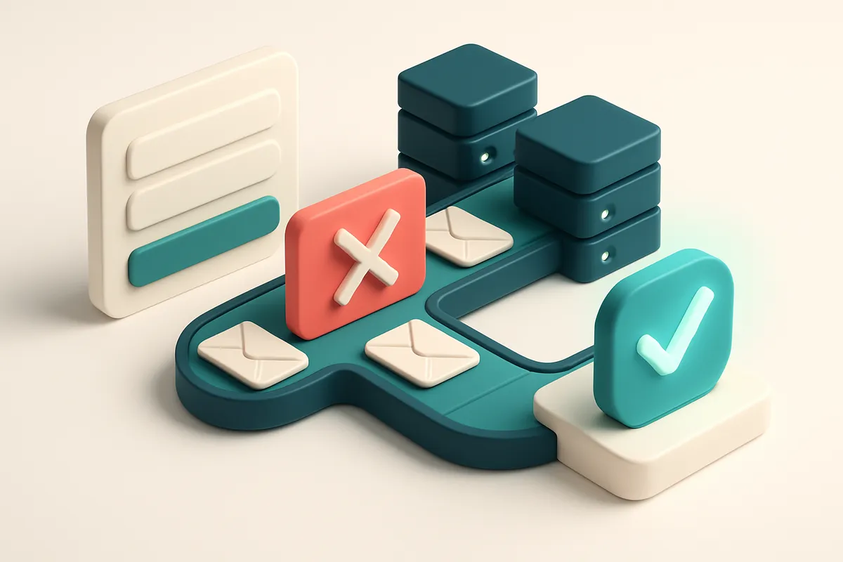Hero: an isometric SaaS signup funnel with a glowing green checkmark at the end, a red 'invalid' barrier blocking fake e