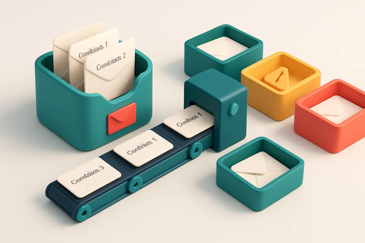 An isometric email inbox with envelopes labeled 'Candidate 1', 'Candidate 2', etc., being sorted by a conveyor belt: val
