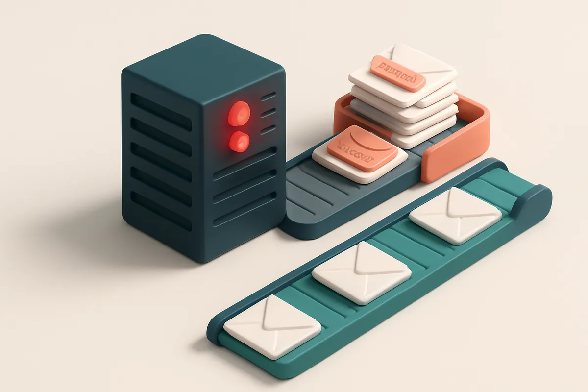 An isometric view of a server rack with red warning lights flashing on one unit, multiple envelopes labeled 'bounced' or
