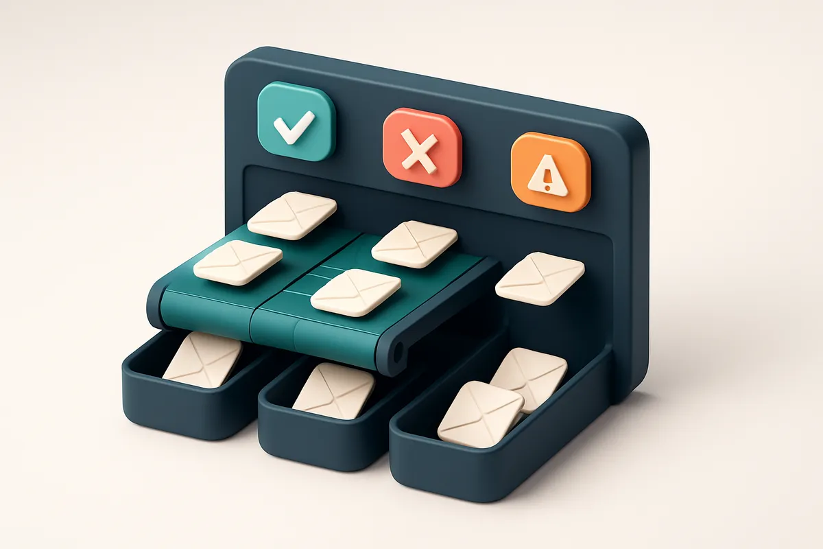 An isometric dashboard showing three labeled email queues: 'Valid Leads' (green checkmarks), 'Invalid' (red X), and 'Ris