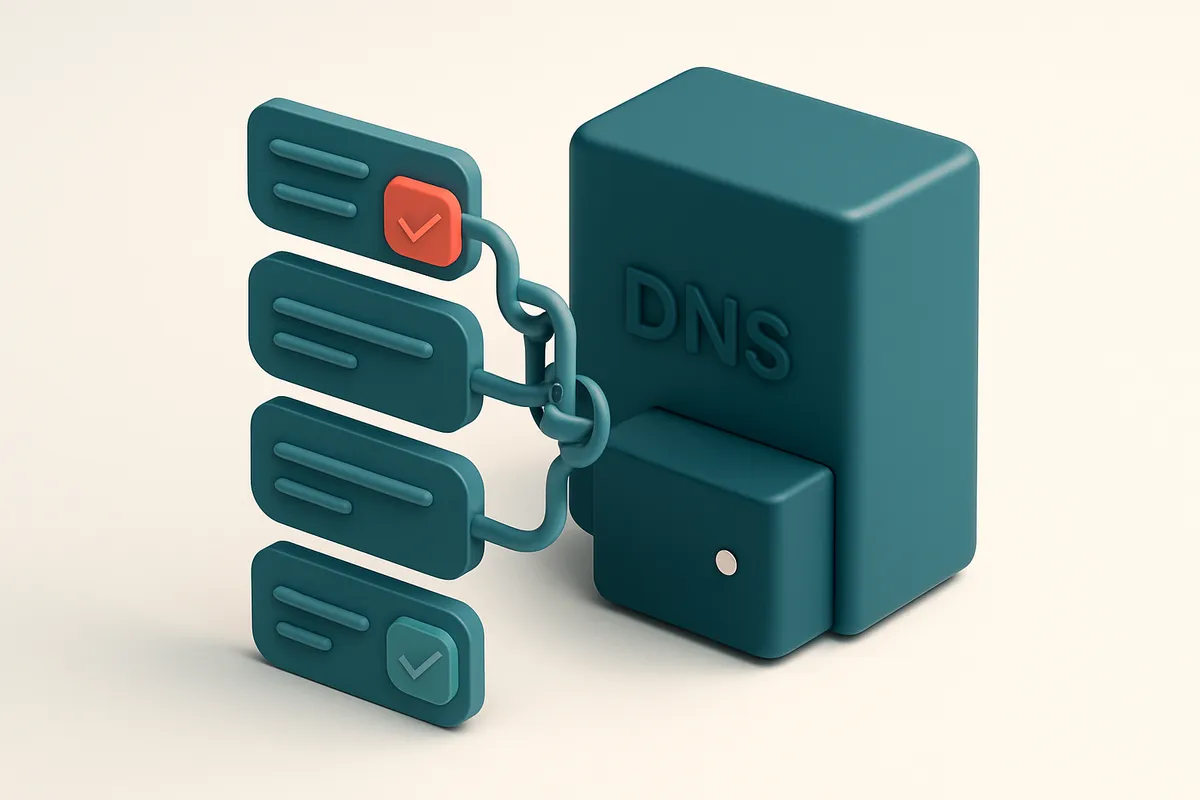 An isometric illustration of a DNS server with a chain of labeled MX records flowing into it, each with priority numbers