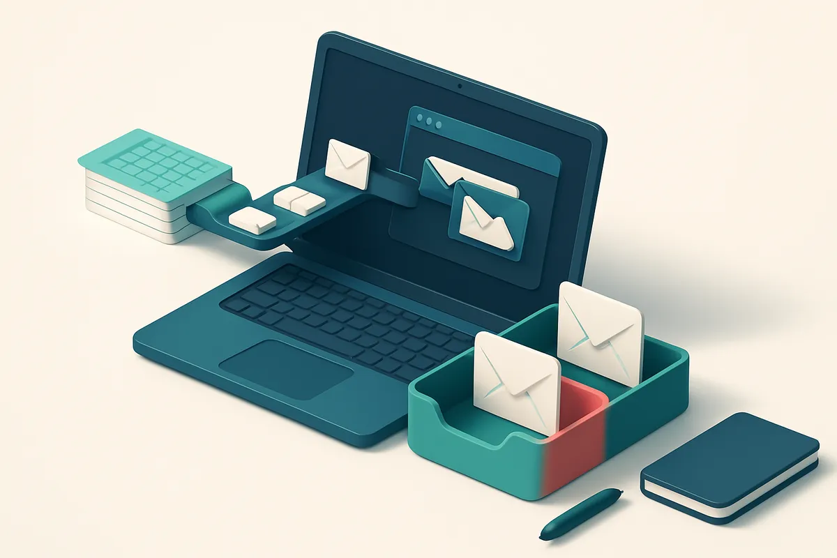 An isometric event planner’s desk with a laptop showing a dashboard sorting incoming emails into two trays: a green 'val