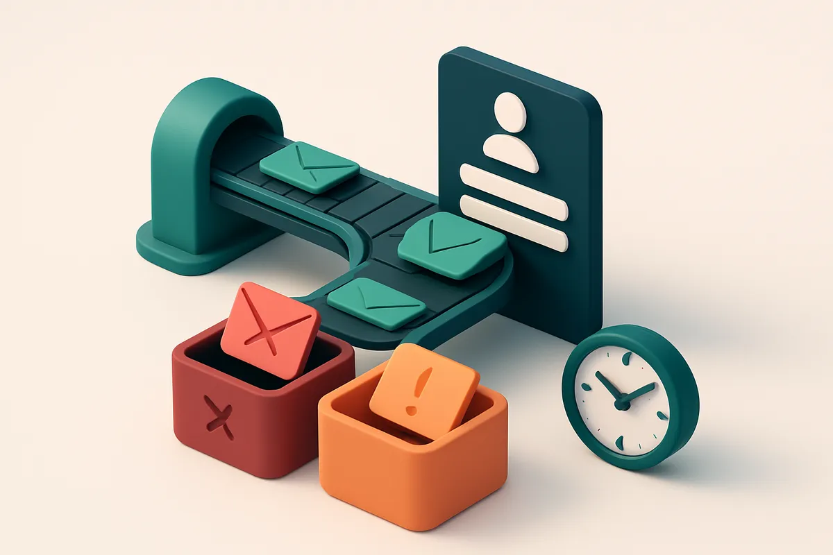 An isometric dashboard showing a green 'valid' conveyor belt moving emails to a user signup form, while red 'invalid' an