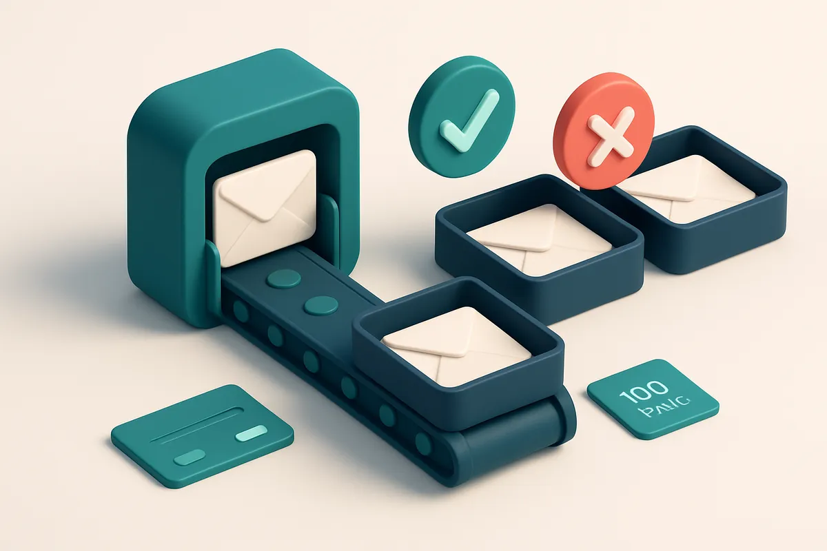 Hero: an isometric email inbox with a conveyor belt feeding envelopes marked 'valid', 'invalid', 'catch-all', and 'risky