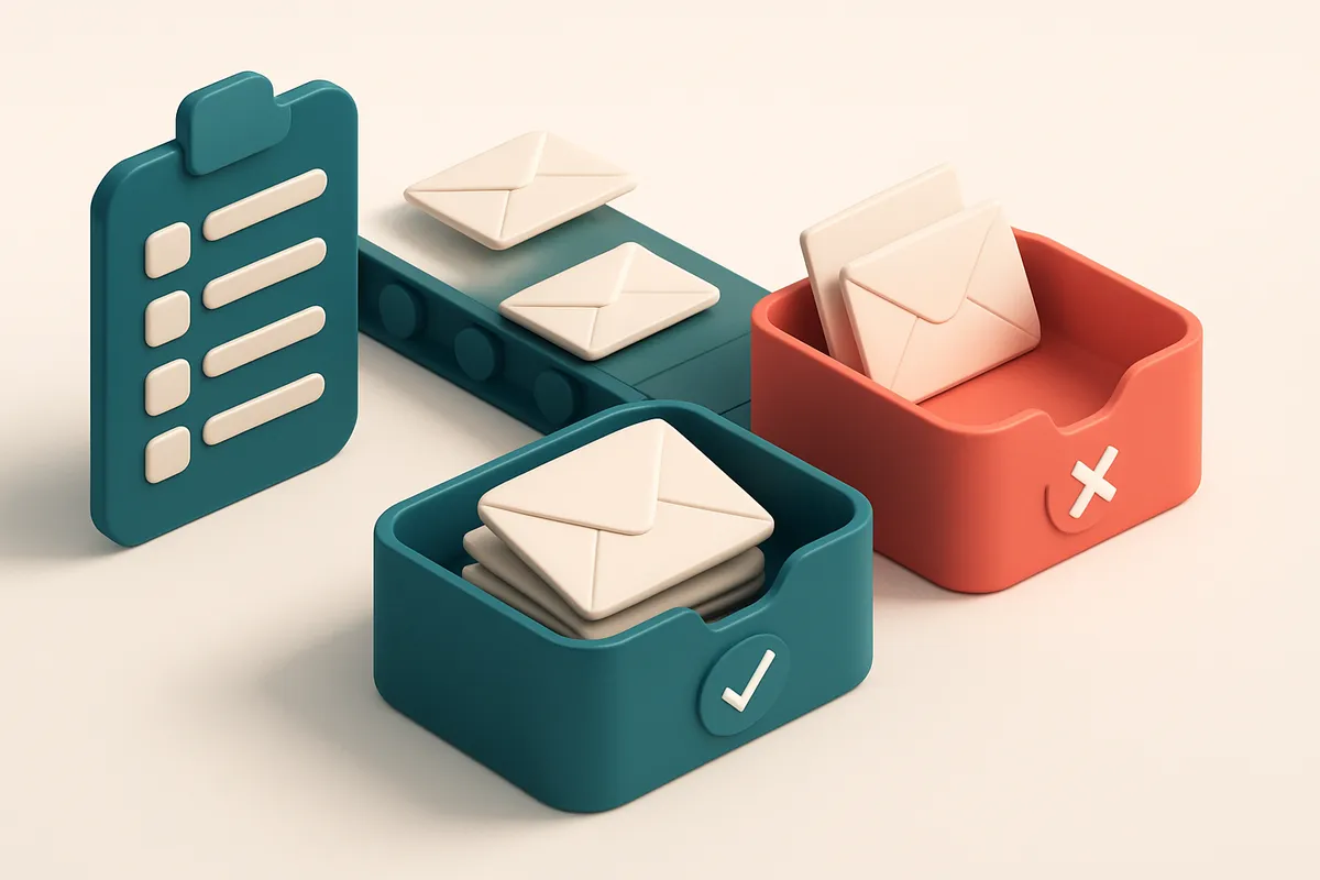 Hero: an isometric email inbox with a green 'valid' tray and red 'invalid' tray, a conveyor belt carrying numbered envel