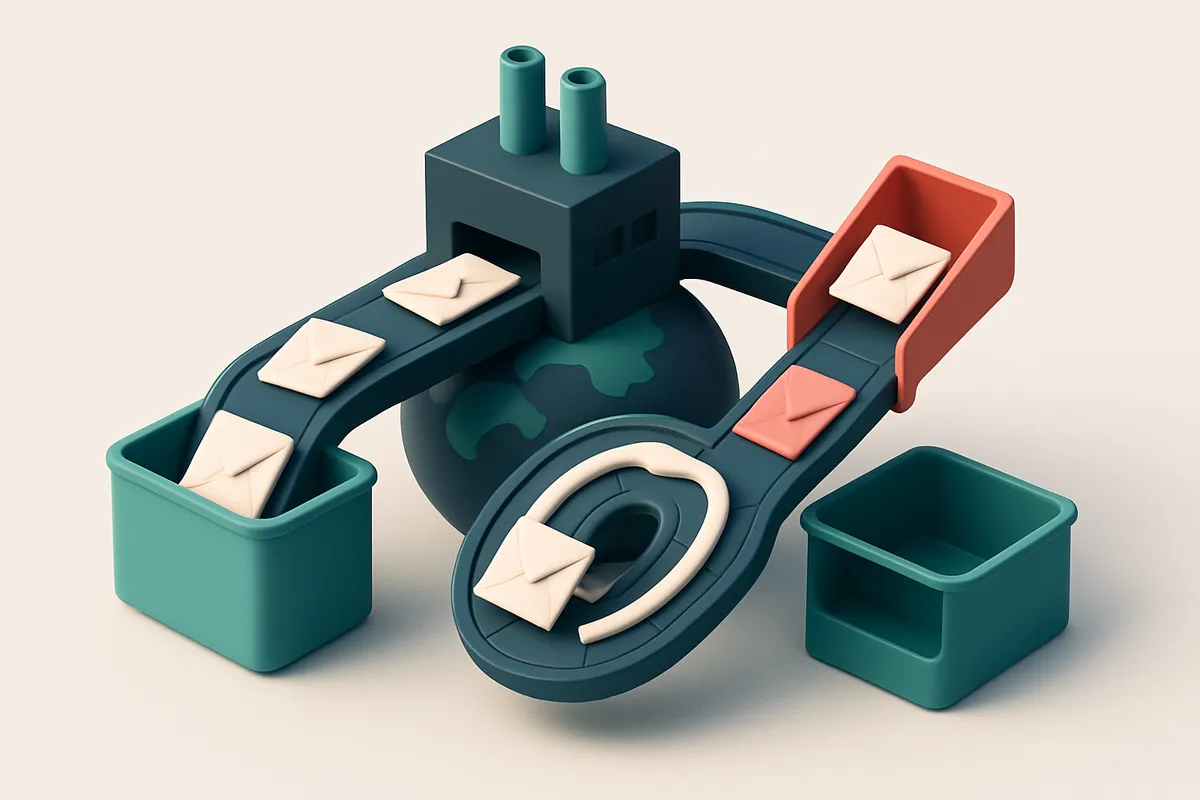 An isometric illustration of a global factory complex with conveyor belts carrying labeled envelopes: 'Valid' envelopes