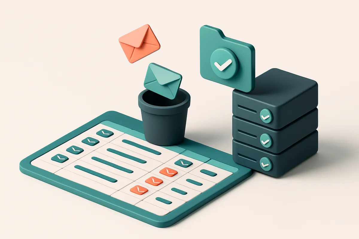 An isometric Excel spreadsheet with rows of email addresses, where red 'invalid' envelopes fall into a waste bin, green