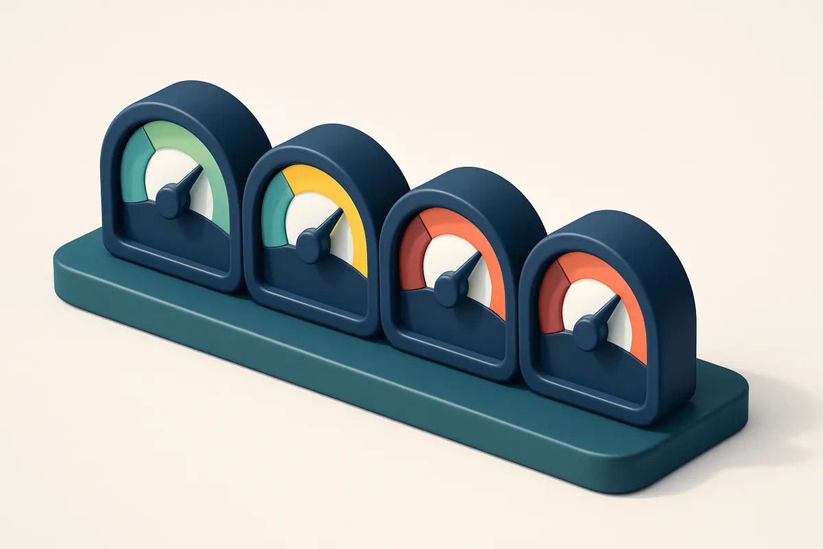 a row of four gauges showing green, yellow, red, and dark red indicators
