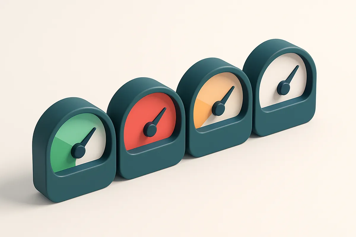 a row of four gauges, each showing a different status: green (valid), red (invalid), yellow (risky), grey (retired)