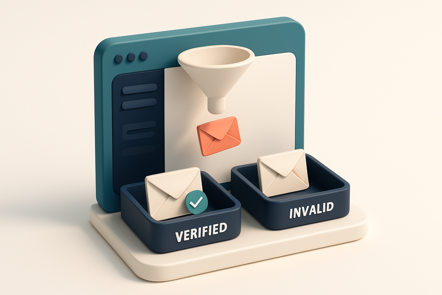 Hero: an isometric view of an email dashboard with envelopes being filtered by a funnel into two trays, one marked 'Veri
