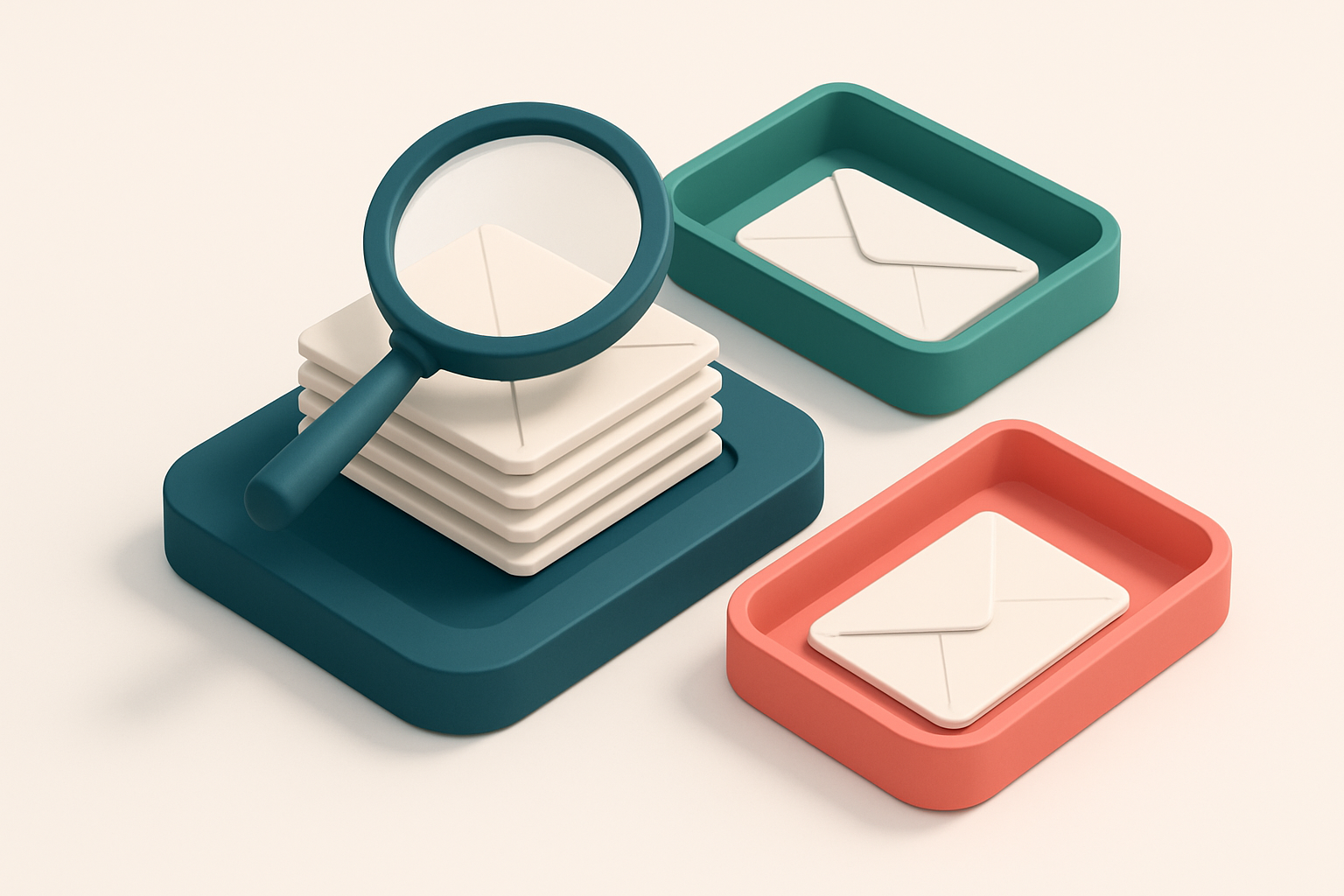 Hero: an isometric email inbox with envelopes being sorted onto a green 'valid' tray and a red 'invalid' tray, a magnify