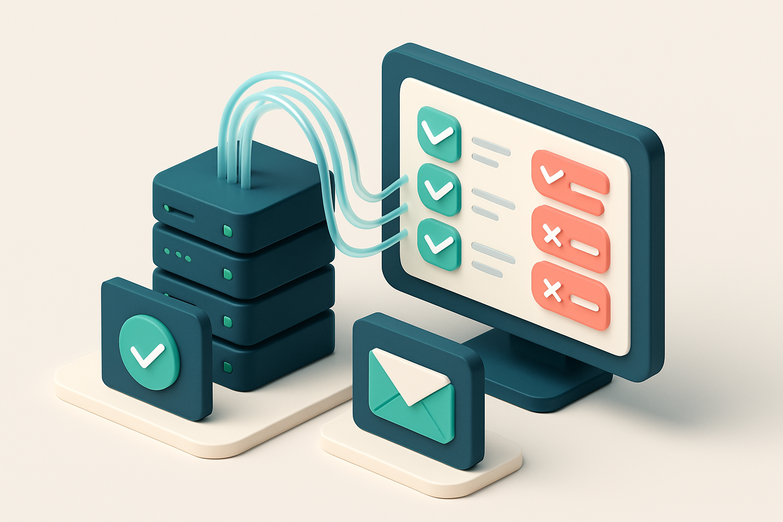 Hero: an isometric server room with data flowing through transparent cables into a dashboard showing validated and non-v