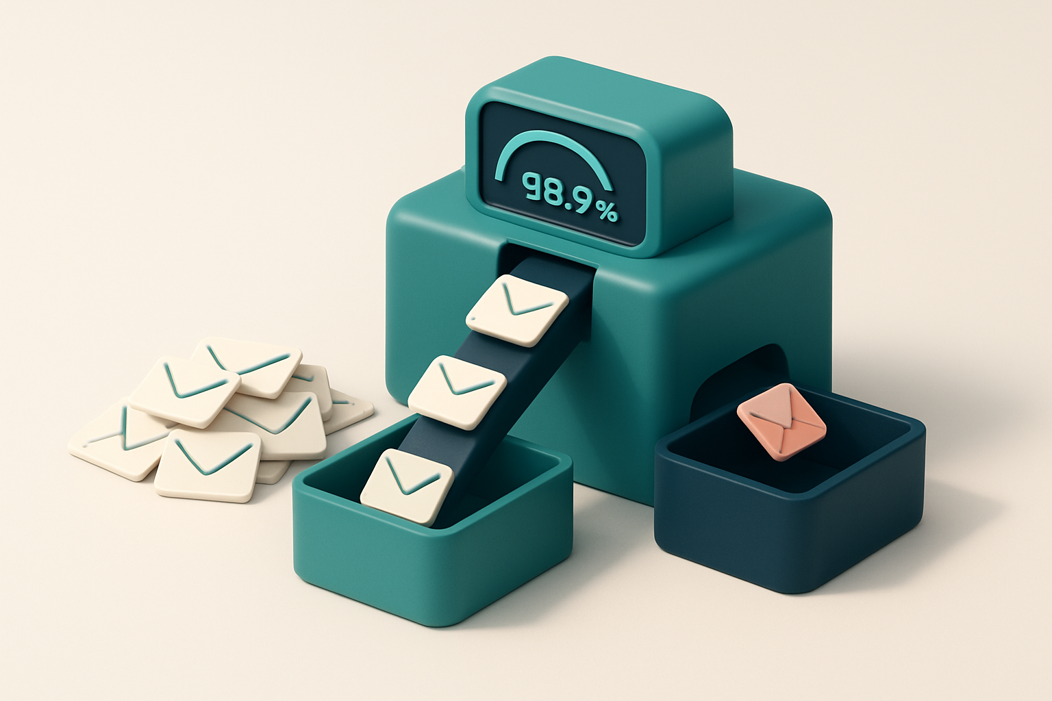 Hero: an isometric sorting machine processing a pile of emails; valid emails being dropped into one bin, invalid ones in