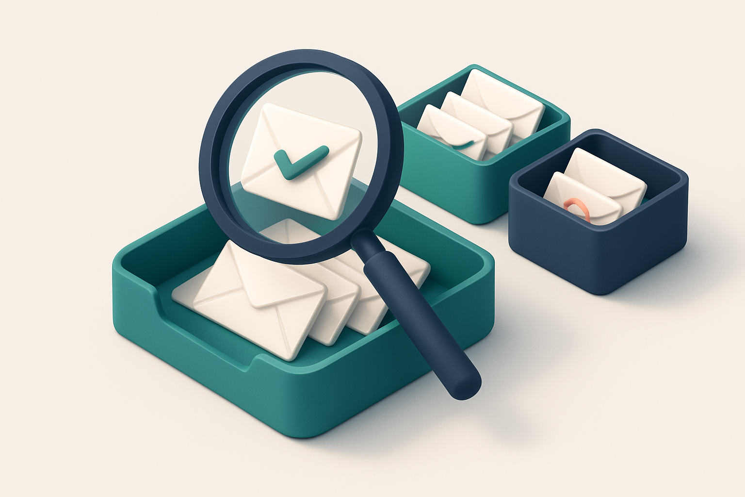 Hero: an isometric view of an email inbox where a large magnifying glass hovers over, sorting out green checked envelope