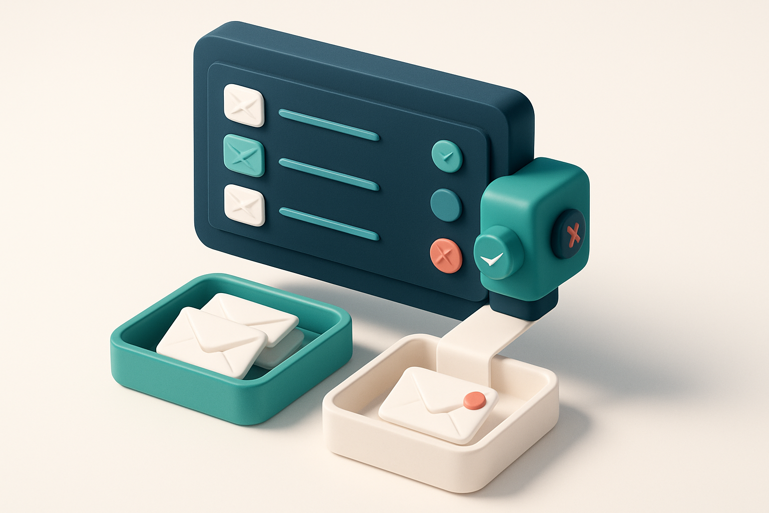 Hero: an isometric illustration of a digital dashboard showing an email list being processed through a verification syst