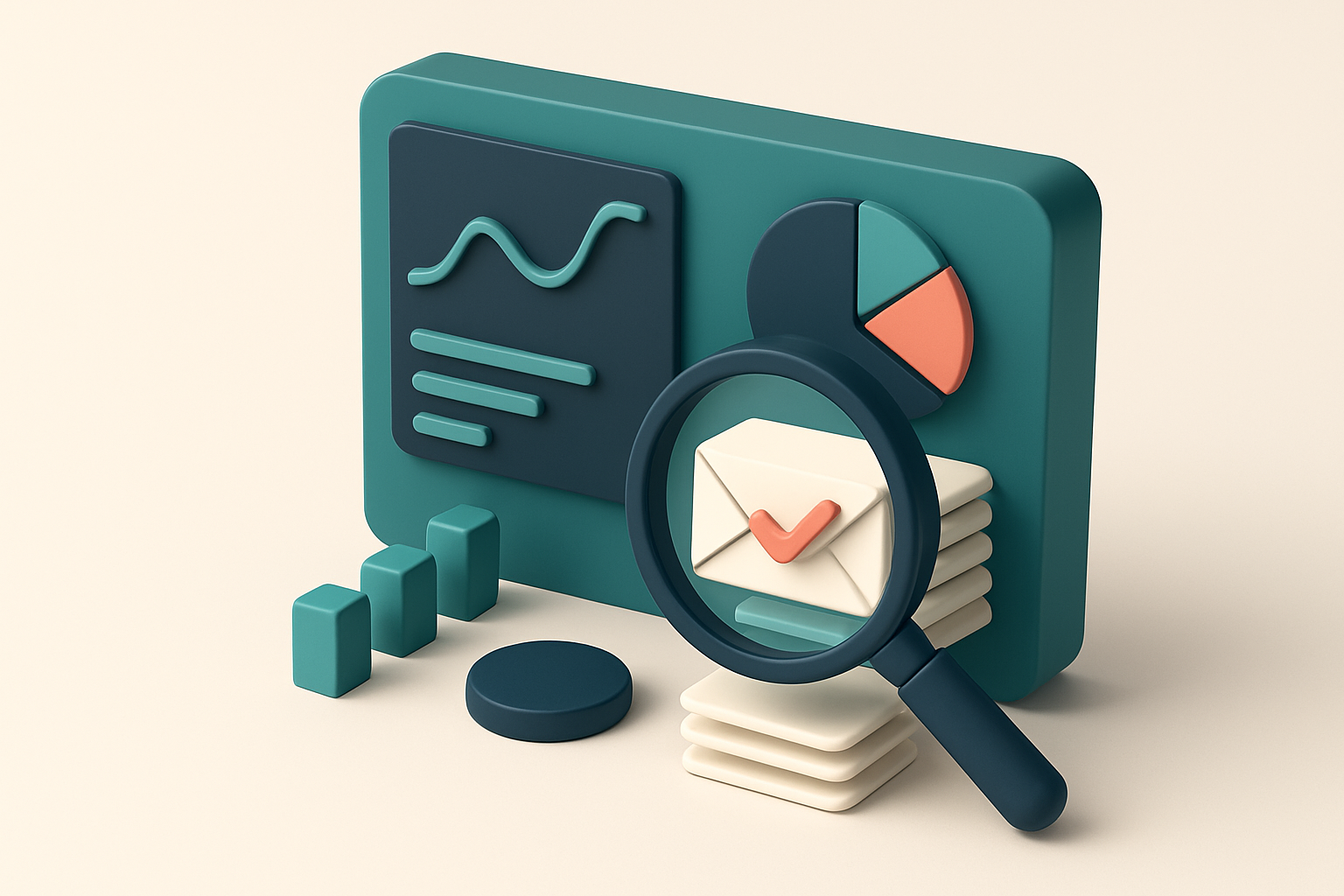 Hero: an isometric illustration of a digital dashboard displaying email metrics, with a magnifying glass highlighting a