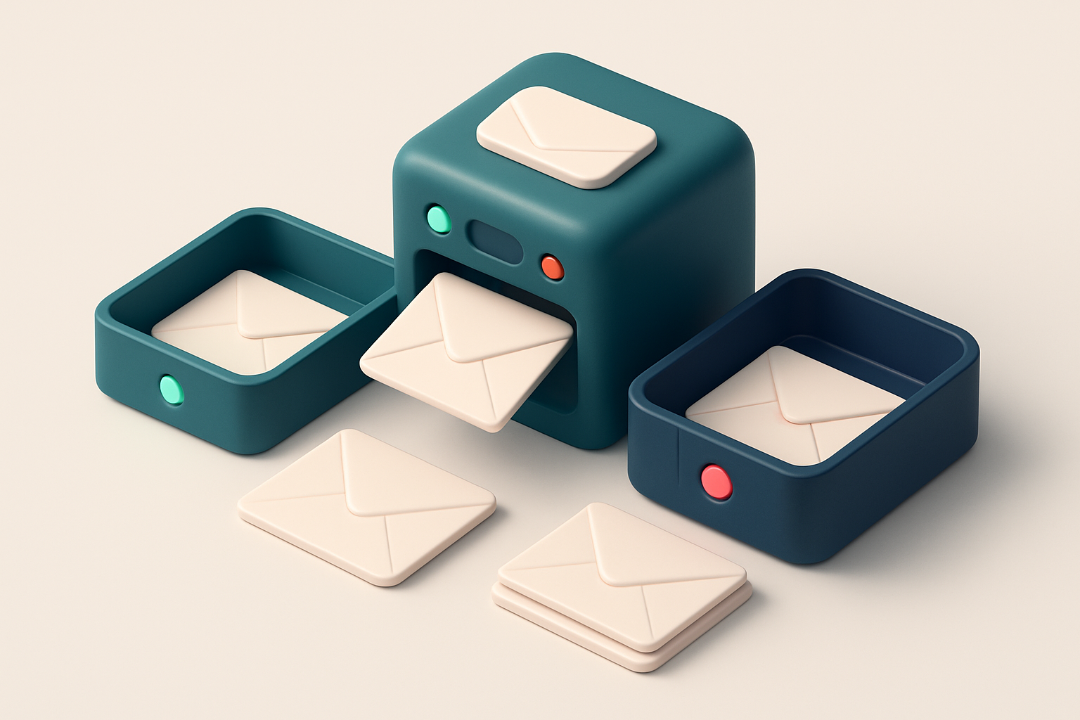 Hero: an isometric email inbox with envelopes being sorted into 'valid' and 'invalid' trays by a scanning device, with g