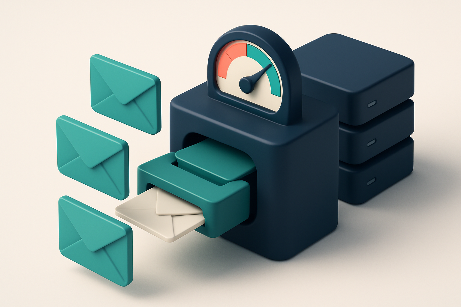 Hero: An isometric illustration showing multiple email envelopes entering a real-time verification scanner with a gauge
