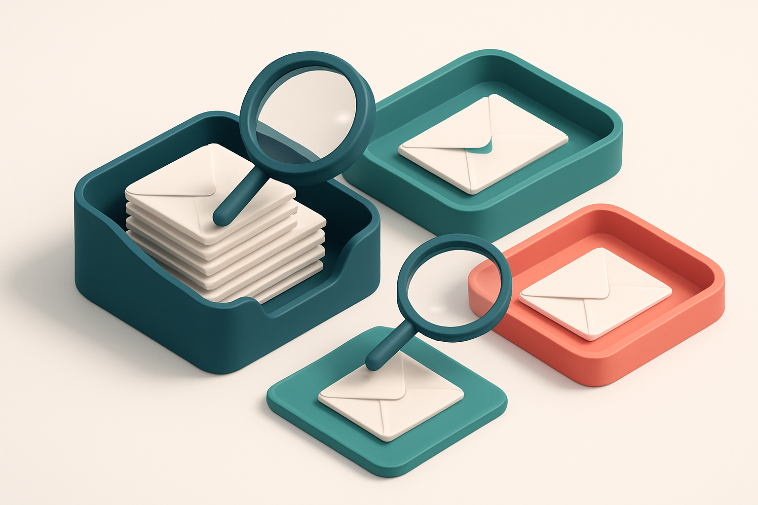 Hero: An isometric email inbox with envelopes being sorted onto green 'valid' and red 'invalid' trays, magnifying glasse