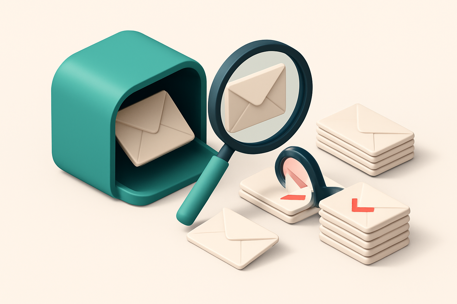 Hero: an isometric illustration of a digital mailbox with envelopes being filtered by a magnifying glass into piles labe