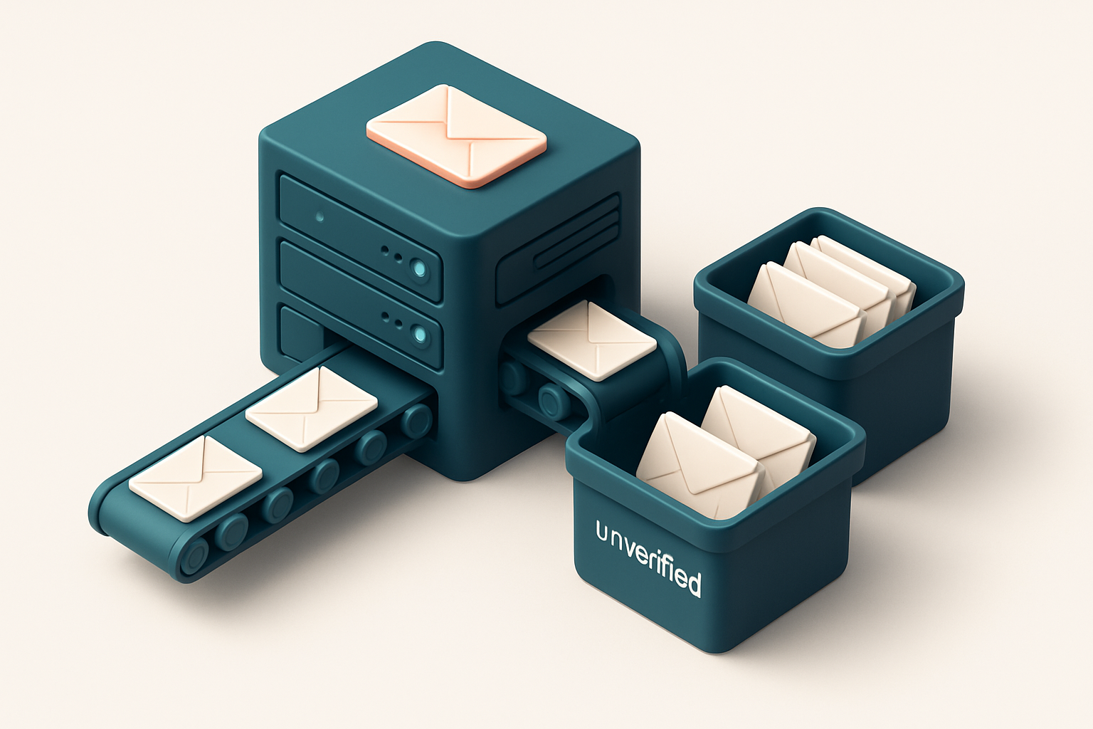Hero: an isometric server room with email envelopes flowing through conveyors into 'verified' and 'unverified' bins.